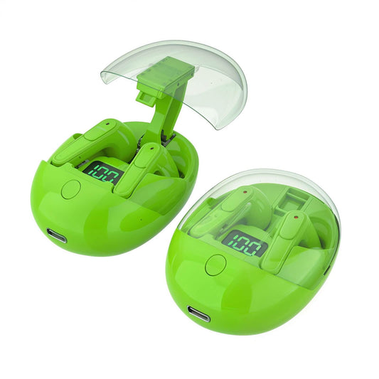 Auriculares Bluetooth con estuche de carga digital y un color verde llamativo
