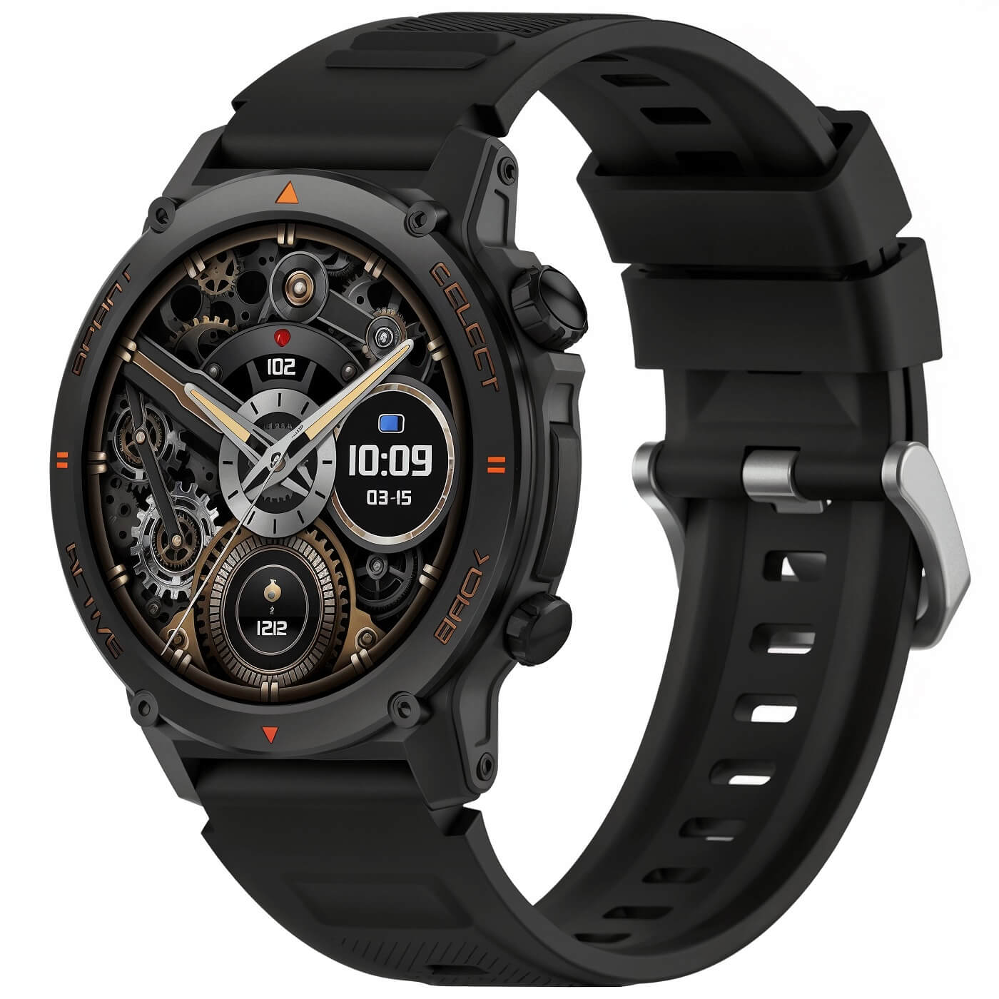 Smartwatch para aventura con materiales resistentes y diseño deportivo en color negro