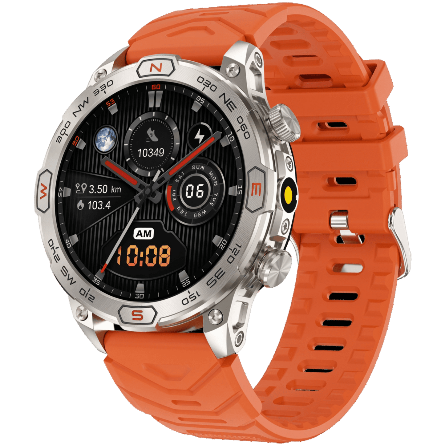 Smartwach resistente para aventura con correa naranja y diseño robusto