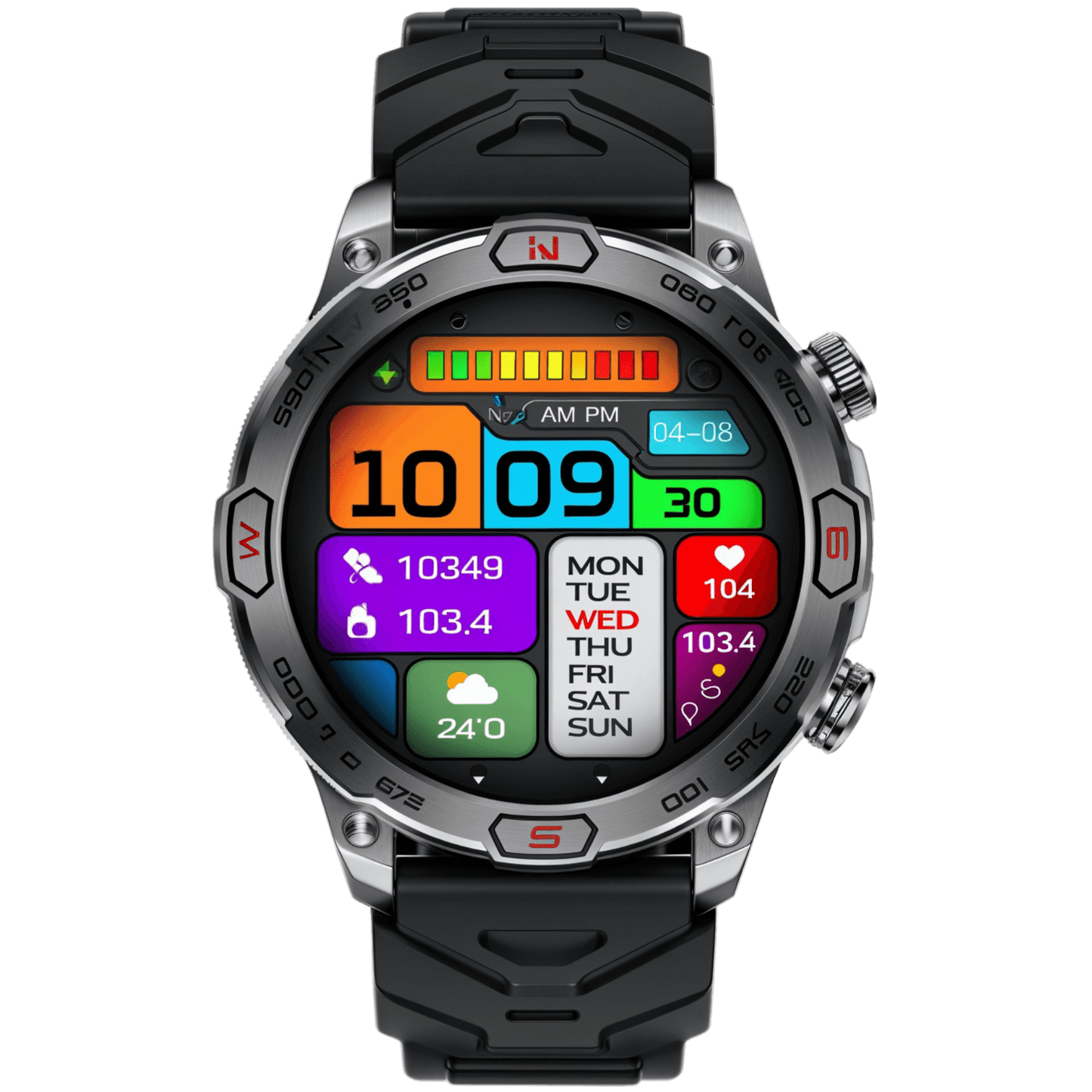 Smartwatch resistente de aventura con correa negra de silicona y pantalla digital a color