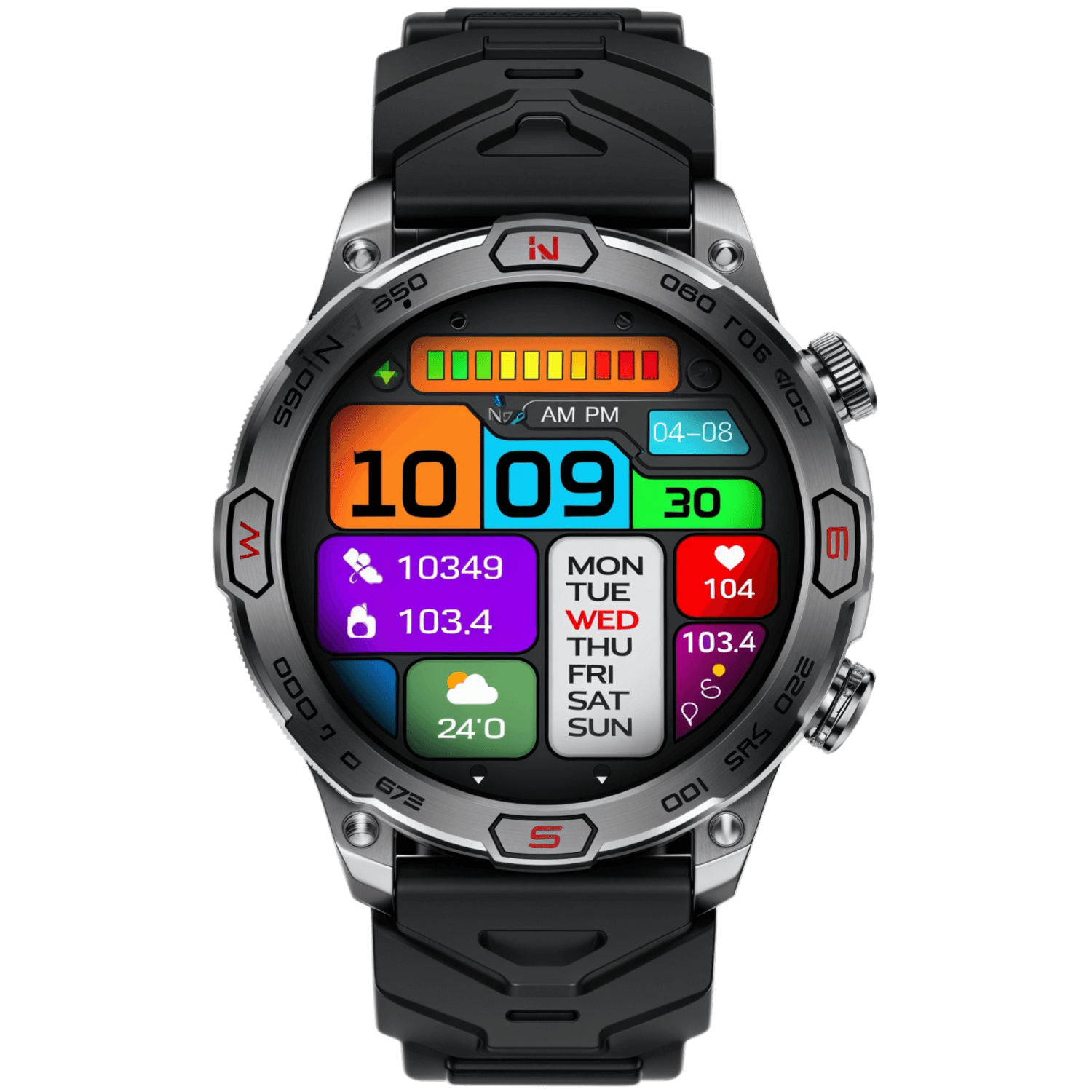 Smartwatch resistente de aventura con correa negra de silicona y pantalla digital a color