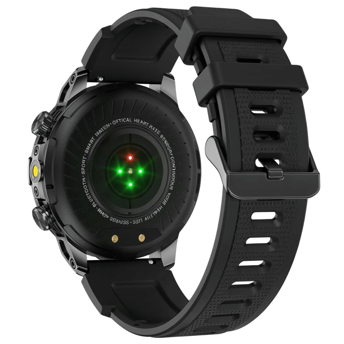 Smartwatch resistente de aventura con correa negra de silicona y sensores de medición precisos