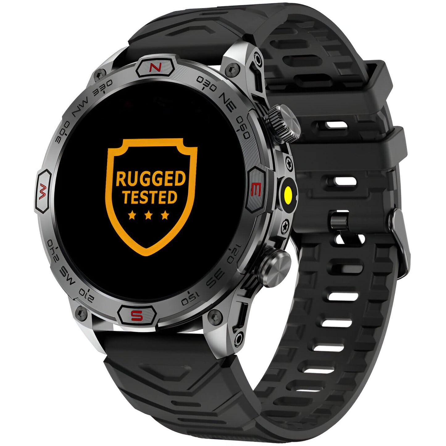 Smartwatch resistente para aventura con correa negra y diseño robusto