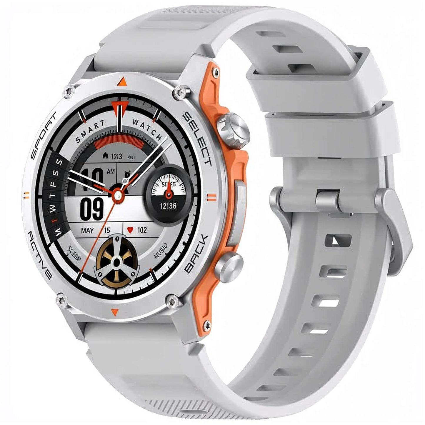 Smartwatch para aventura con materiales resistentes y diseño deportivo en gris y naranja