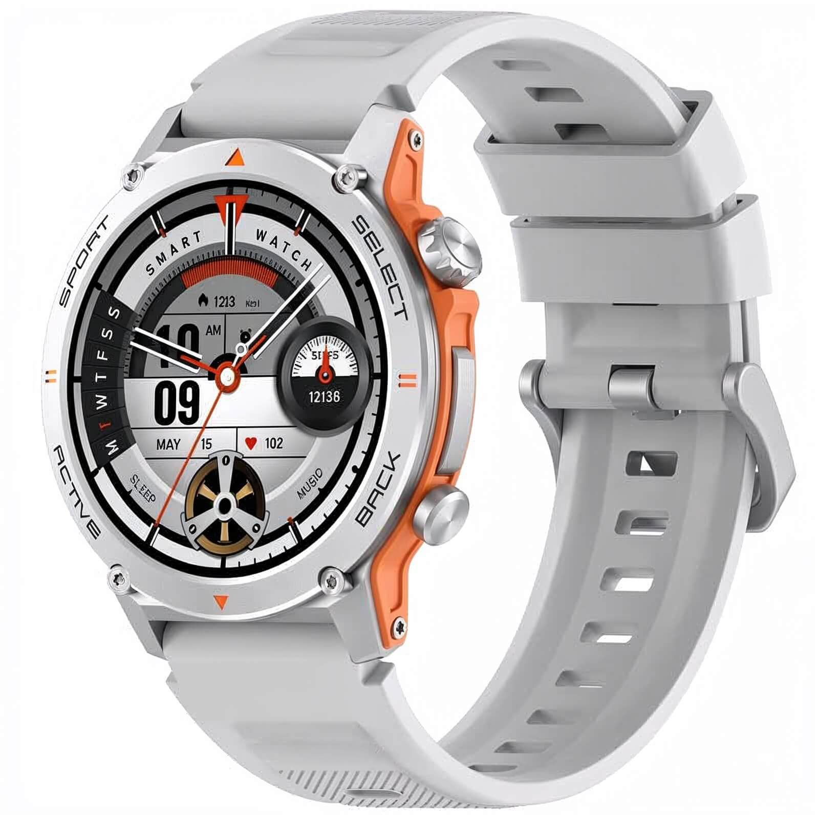 Smartwatch para aventura con materiales resistentes y diseño deportivo en gris y naranja