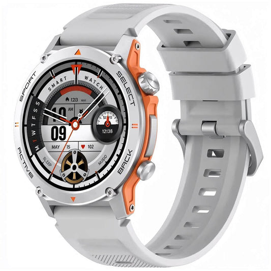 Smartwatch para aventura con materiales resistentes y diseño deportivo en gris y naranja