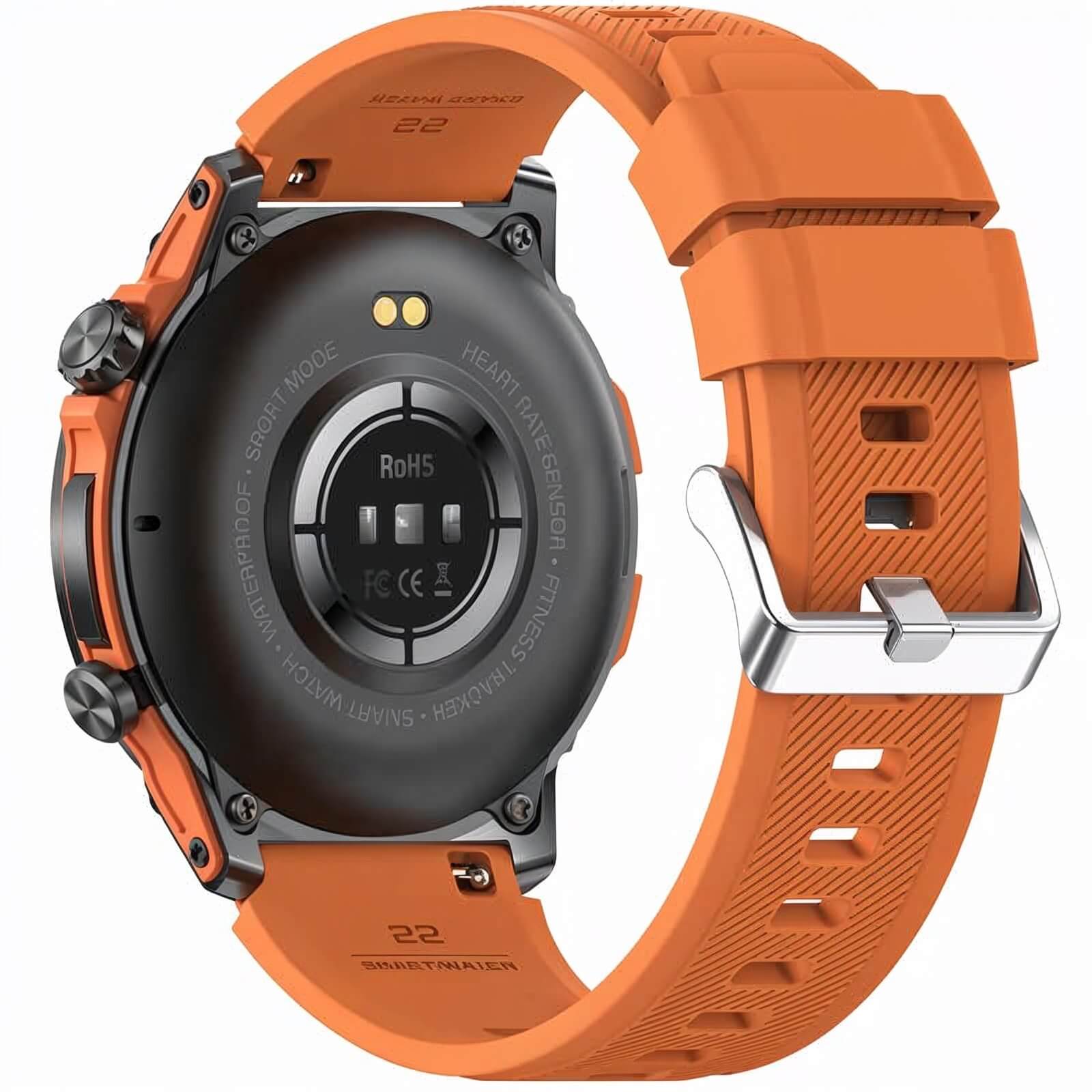Smartwatch para aventura con materiales resistentes y diseño deportivo en color naranja y con sensores de medición precisa, con marcado de la Unión Europea