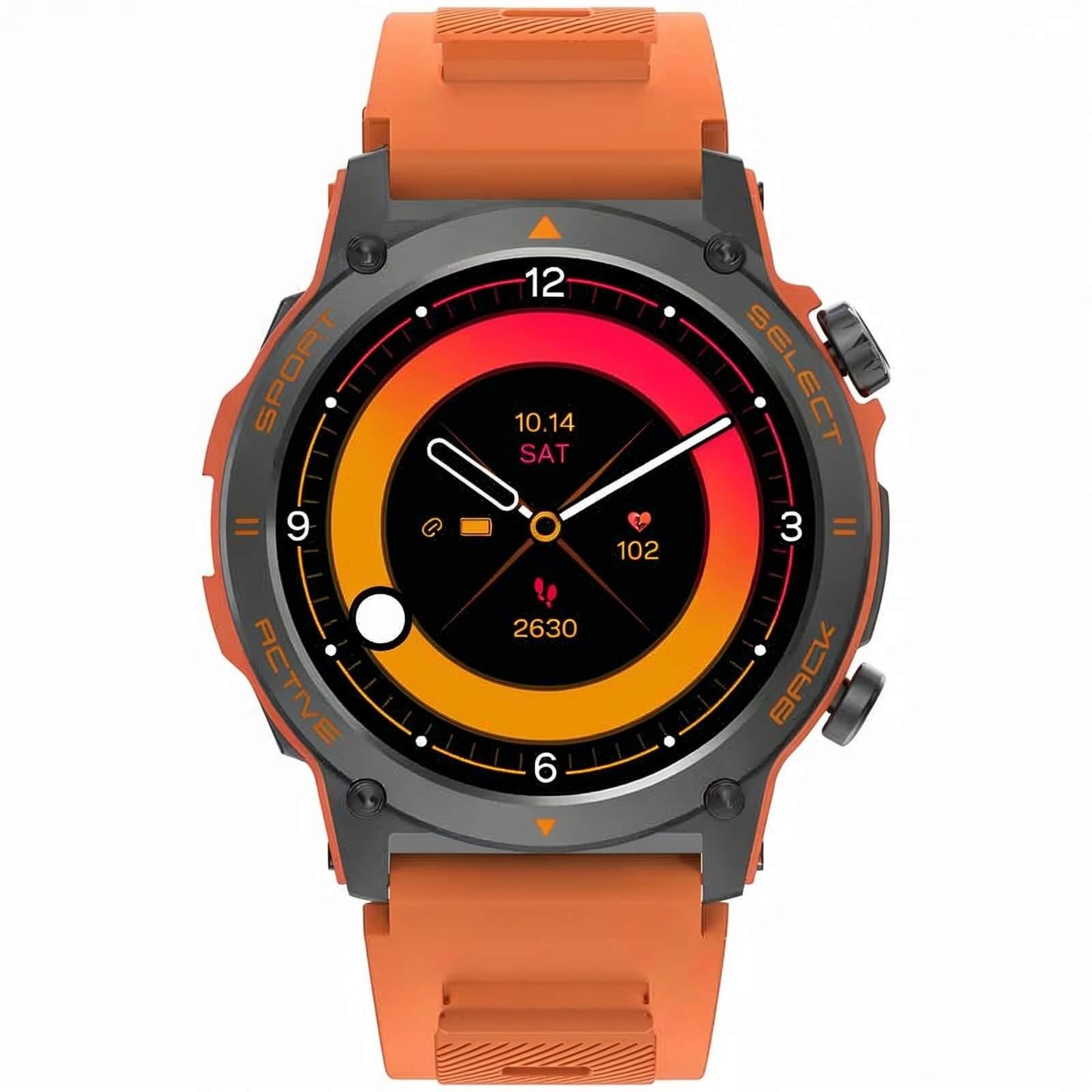 Smartwatch para aventura con materiales resistentes y diseño deportivo encolor naranja y correa de silicona