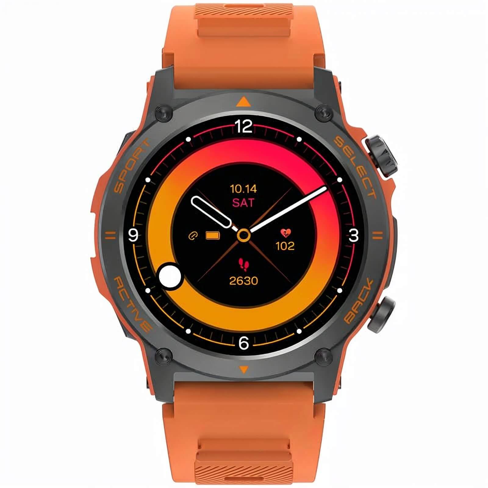 Smartwatch para aventura con materiales resistentes y diseño deportivo encolor naranja y correa de silicona