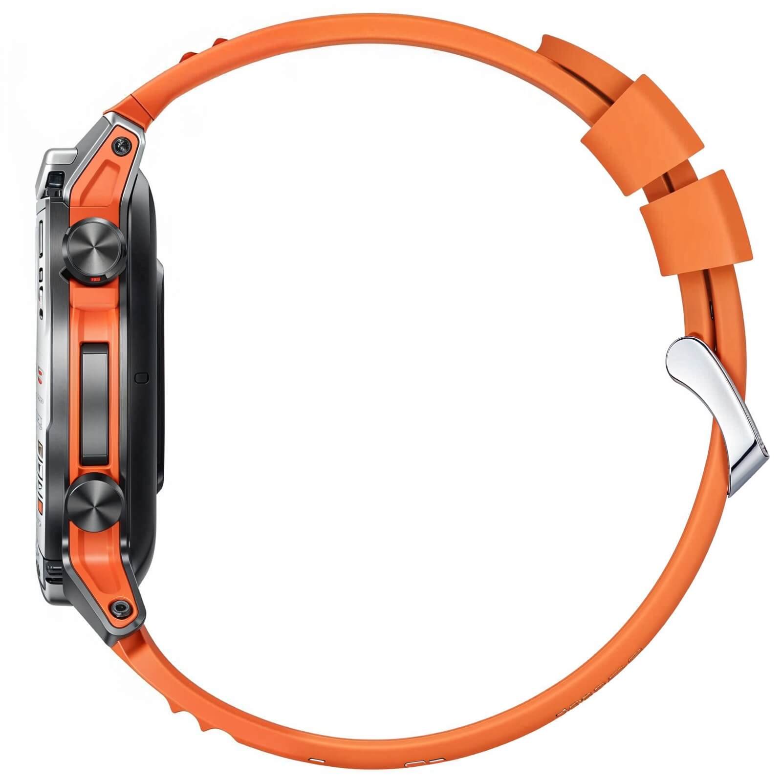 Smartwatch para aventura con materiales resistentes y diseño deportivo color naranja y acero pulido