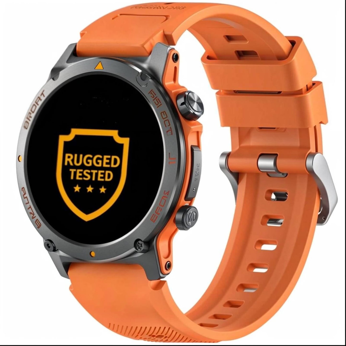 Smartwatch para aventura con materiales resistentes y diseño deportivo encolor naranja y acero pulido